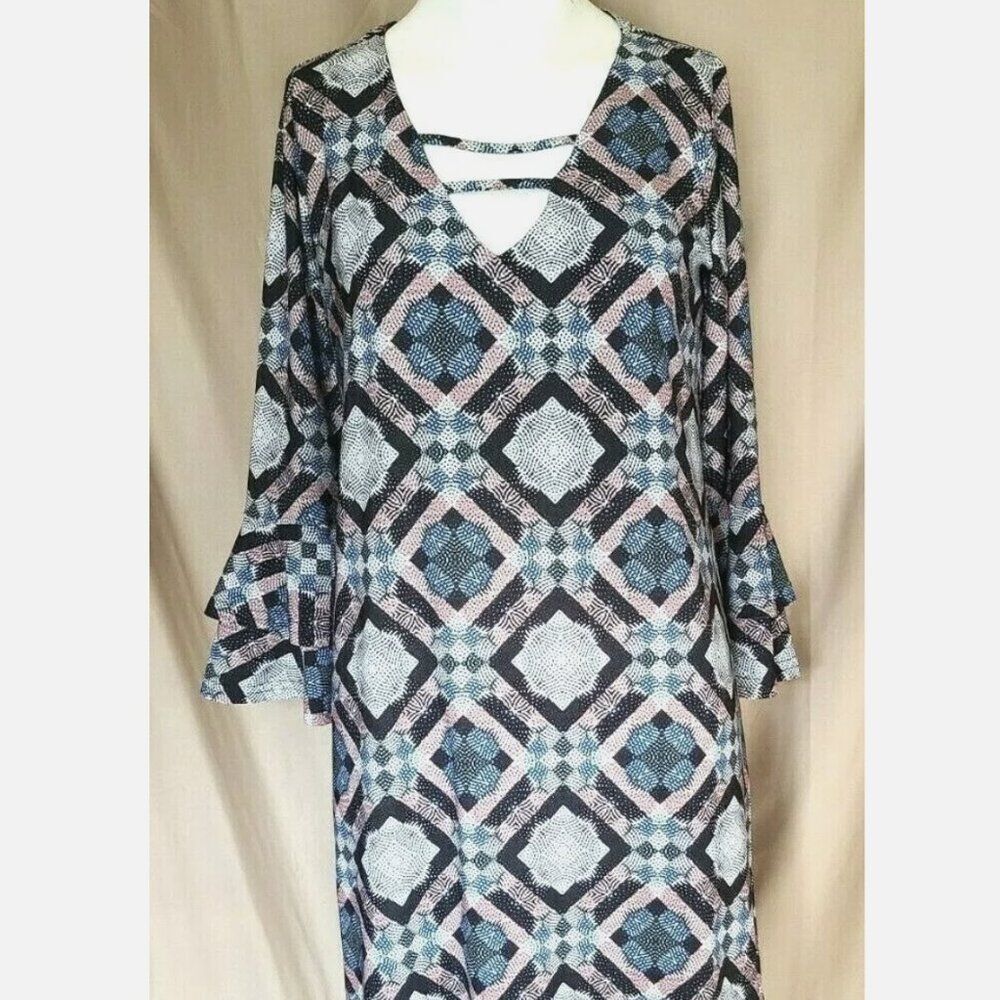 Viereck Boho‎ Tunic Dress XS Blue Print Bell Sleeve Casual